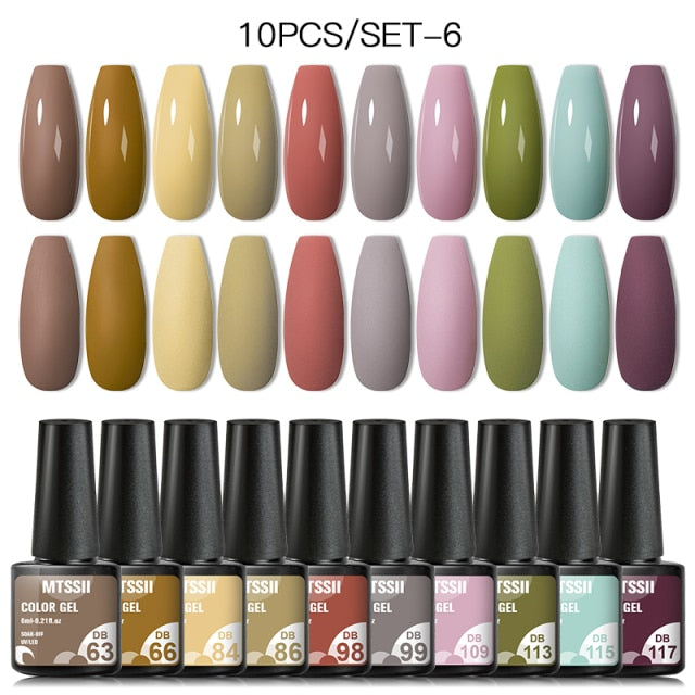 Mtssii 10Pcs/set Color Gel Nail Polish Set 100 Colors Semi Permanent UV Led Gel Varnish Soak Off Nail Lacquers Base Top Coat