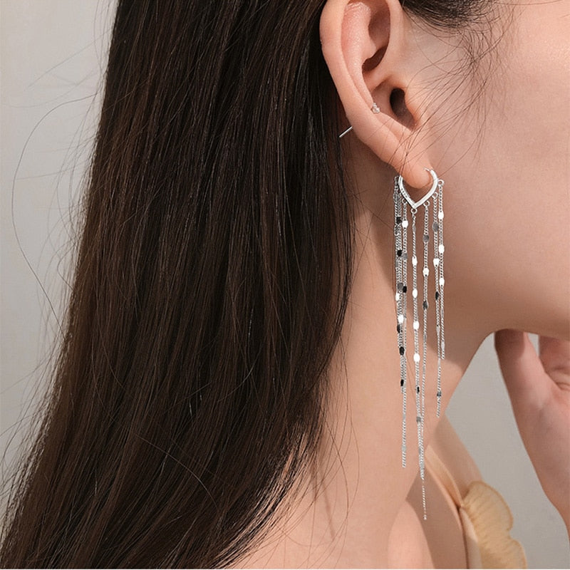 XIYANIKE 925 Sterling Silver Light Luxury Long Tassel Hoop Earrings Female Temperament Love Heart Gorgeous Handmade Jewelry Gift