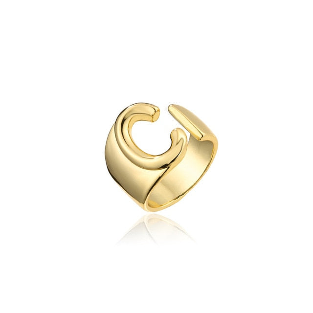 Hollow A-Z Letter Gold Color Metal Adjustable Opening Ring Initials Name Alphabet Female Party Chunky Wide Trendy Jewelry