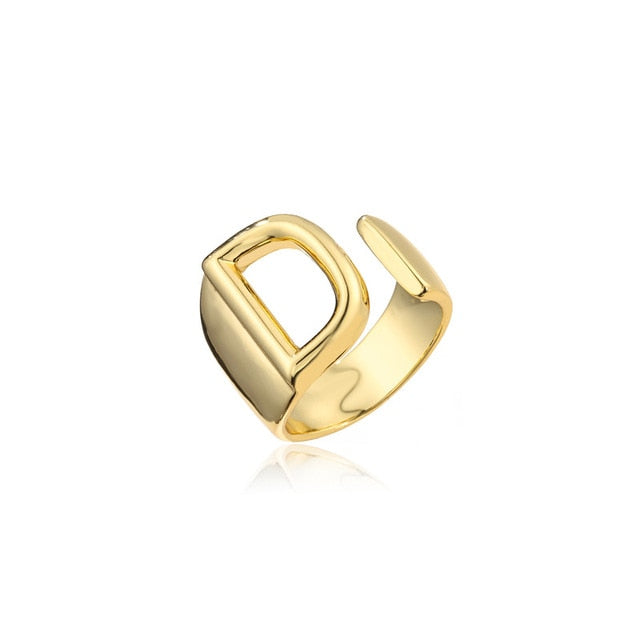 Hollow A-Z Letter Gold Color Metal Adjustable Opening Ring Initials Name Alphabet Female Party Chunky Wide Trendy Jewelry