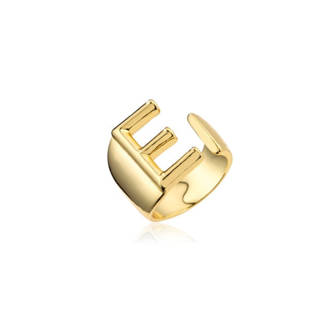 Hollow A-Z Letter Gold Color Metal Adjustable Opening Ring Initials Name Alphabet Female Party Chunky Wide Trendy Jewelry