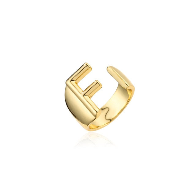 Hollow A-Z Letter Gold Color Metal Adjustable Opening Ring Initials Name Alphabet Female Party Chunky Wide Trendy Jewelry