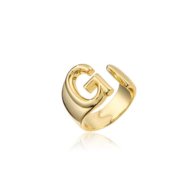 Hollow A-Z Letter Gold Color Metal Adjustable Opening Ring Initials Name Alphabet Female Party Chunky Wide Trendy Jewelry