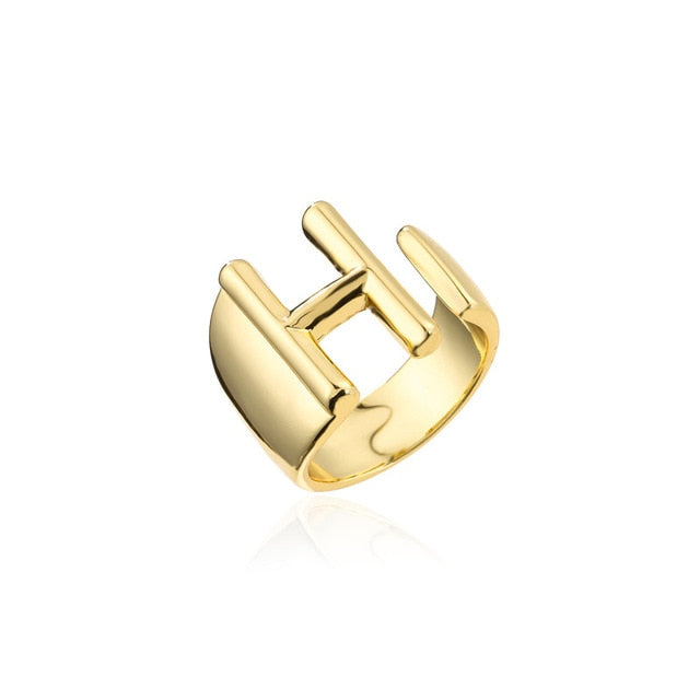Hollow A-Z Letter Gold Color Metal Adjustable Opening Ring Initials Name Alphabet Female Party Chunky Wide Trendy Jewelry