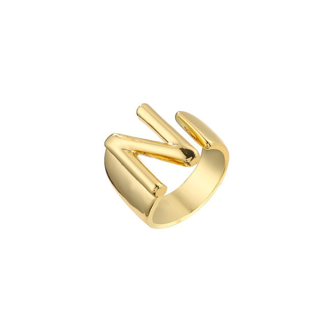 Hollow A-Z Letter Gold Color Metal Adjustable Opening Ring Initials Name Alphabet Female Party Chunky Wide Trendy Jewelry