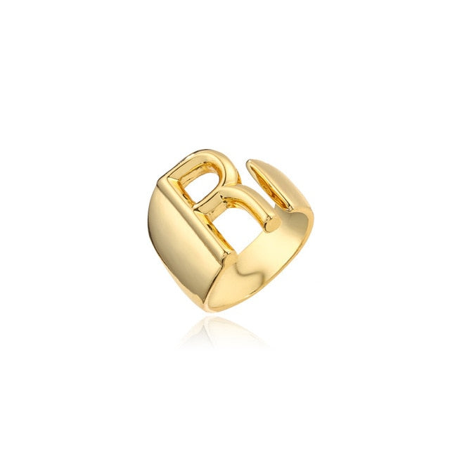 Hollow A-Z Letter Gold Color Metal Adjustable Opening Ring Initials Name Alphabet Female Party Chunky Wide Trendy Jewelry