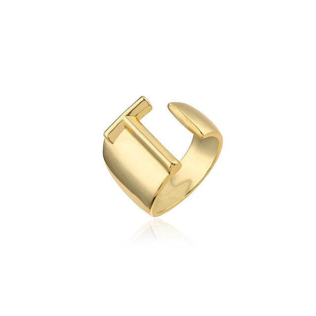 Hollow A-Z Letter Gold Color Metal Adjustable Opening Ring Initials Name Alphabet Female Party Chunky Wide Trendy Jewelry