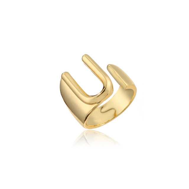 Hollow A-Z Letter Gold Color Metal Adjustable Opening Ring Initials Name Alphabet Female Party Chunky Wide Trendy Jewelry
