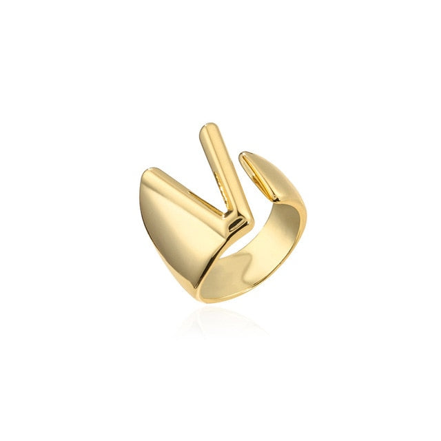 Hollow A-Z Letter Gold Color Metal Adjustable Opening Ring Initials Name Alphabet Female Party Chunky Wide Trendy Jewelry