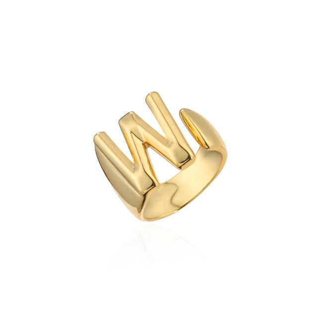 Hollow A-Z Letter Gold Color Metal Adjustable Opening Ring Initials Name Alphabet Female Party Chunky Wide Trendy Jewelry