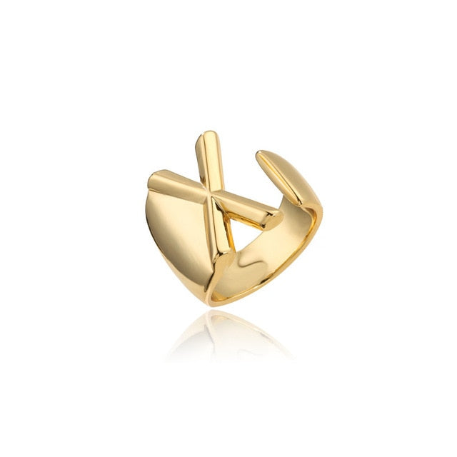 Hollow A-Z Letter Gold Color Metal Adjustable Opening Ring Initials Name Alphabet Female Party Chunky Wide Trendy Jewelry