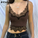 SUCHCUTE Goth Aesthetic Lace Patchwork Tank Tops For Women Sexy V-Neck Brown Retro Crop Tops Summer  Fashion Casual Camisole
