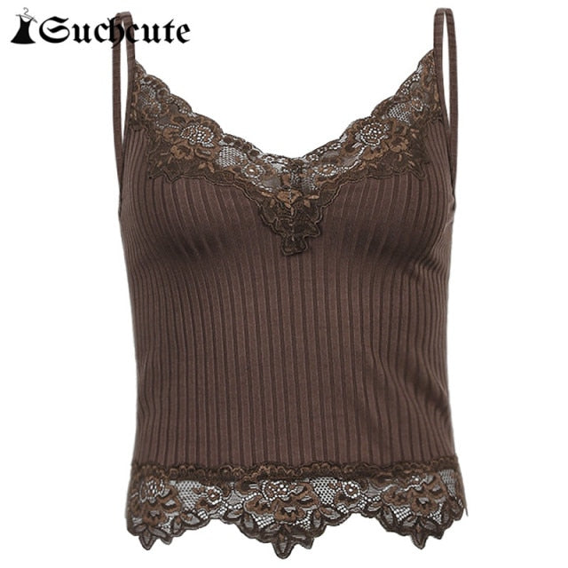 SUCHCUTE Goth Aesthetic Lace Patchwork Tank Tops For Women Sexy V-Neck Brown Retro Crop Tops Summer  Fashion Casual Camisole