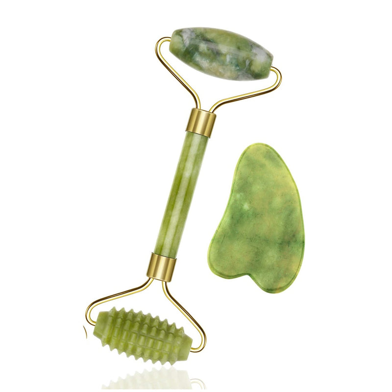 Green Natural Beauty Double Thorn Head Roller Jade Roller Facial Massage Stones for Face Neck Back Jawline Relaxation Slimming