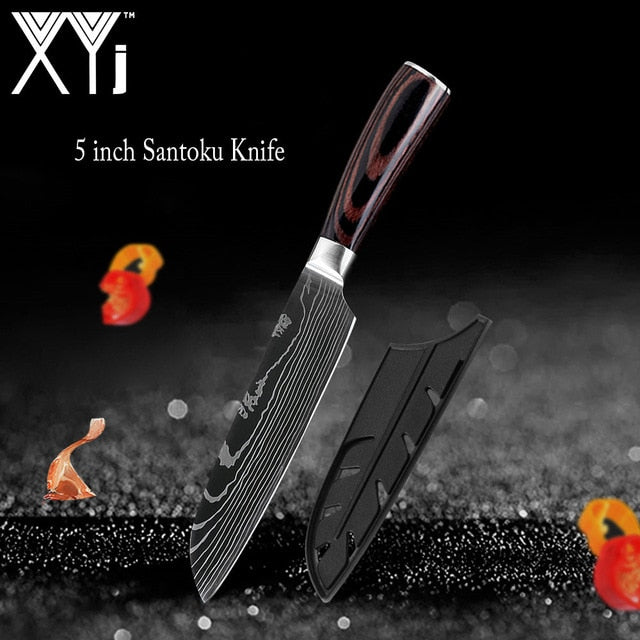 Japanese Stainless Steel Kitchen Knives Laser Damascus Pattern Chef Santoku Cleaver Slicing Utility  Gyuto Boning Knives Tool