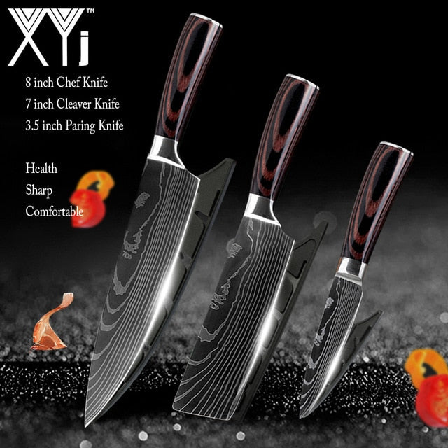 Japanese Stainless Steel Kitchen Knives Laser Damascus Pattern Chef Santoku Cleaver Slicing Utility  Gyuto Boning Knives Tool