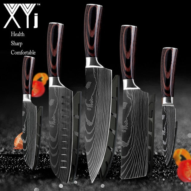 Japanese Stainless Steel Kitchen Knives Laser Damascus Pattern Chef Santoku Cleaver Slicing Utility  Gyuto Boning Knives Tool