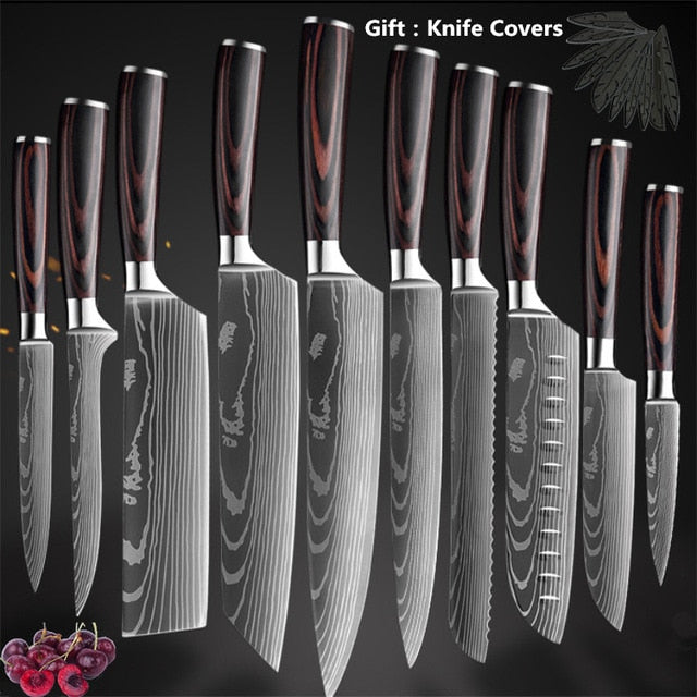 Japanese Stainless Steel Kitchen Knives Laser Damascus Pattern Chef Santoku Cleaver Slicing Utility  Gyuto Boning Knives Tool