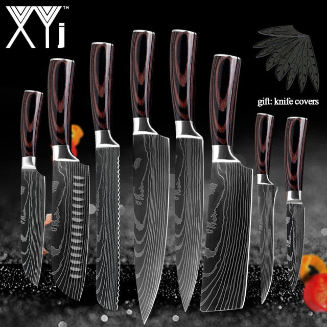 Japanese Stainless Steel Kitchen Knives Laser Damascus Pattern Chef Santoku Cleaver Slicing Utility  Gyuto Boning Knives Tool