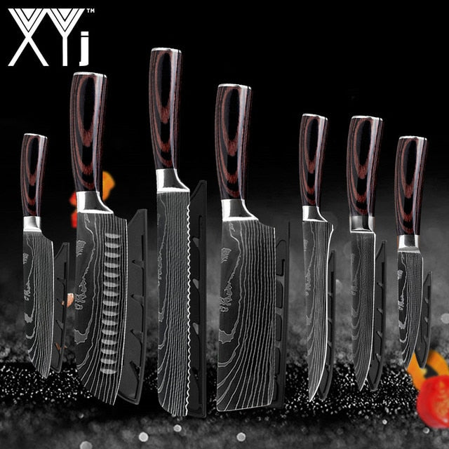 Japanese Stainless Steel Kitchen Knives Laser Damascus Pattern Chef Santoku Cleaver Slicing Utility  Gyuto Boning Knives Tool