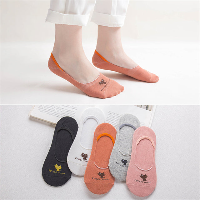 5 Pairs Lot Cotton Women Socks Female Casual Boat 3D Pack Cartoon Harajuku Unicron Cat Cute Invisiable Funny Girl Ankle Sock Set