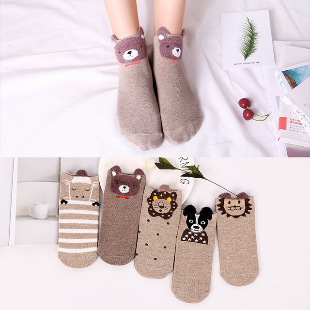 5 Pairs Lot Cotton Women Socks Female Casual Boat 3D Pack Cartoon Harajuku Unicron Cat Cute Invisiable Funny Girl Ankle Sock Set