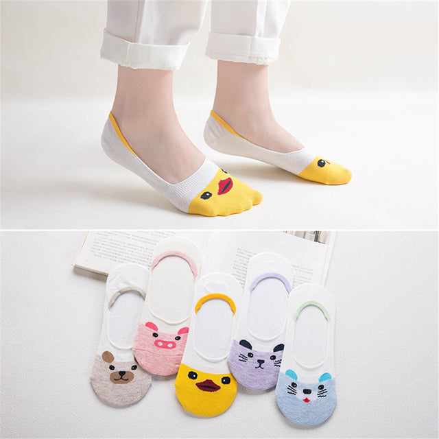 5 Pairs Lot Cotton Women Socks Female Casual Boat 3D Pack Cartoon Harajuku Unicron Cat Cute Invisiable Funny Girl Ankle Sock Set