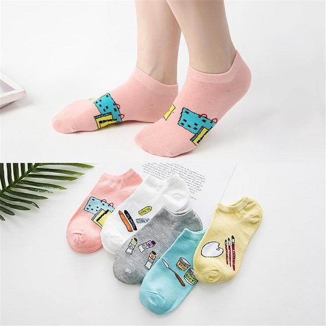 5 Pairs Lot Cotton Women Socks Female Casual Boat 3D Pack Cartoon Harajuku Unicron Cat Cute Invisiable Funny Girl Ankle Sock Set