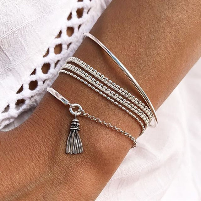 NEW Set Bohemian Silver Color Tassel Round Bracelet Set for Women Multilayer Pendant Bracelet 2020 Fashion Jewelry