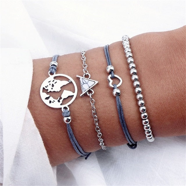 NEW Set Bohemian Silver Color Tassel Round Bracelet Set for Women Multilayer Pendant Bracelet 2020 Fashion Jewelry