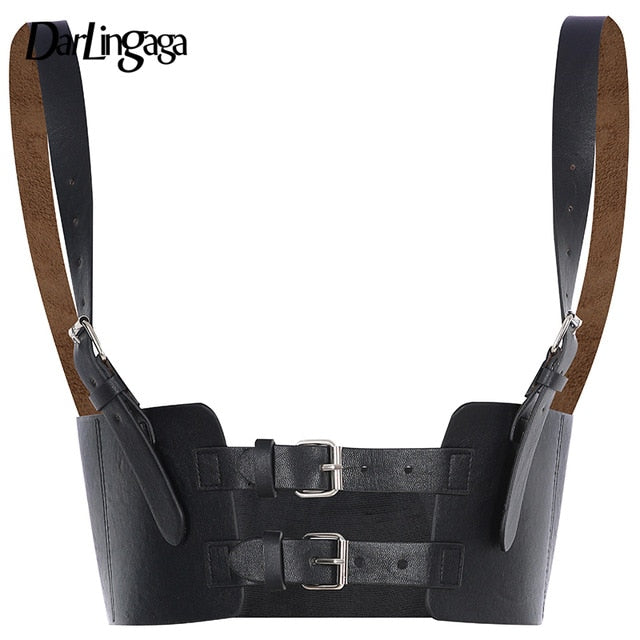 Darlingaga Streetwear Gothic Dark PU Leather Crop Top Women Hook Lace Up Punk Style Tank Top Cummerbunds Corset Tops To Wear Out