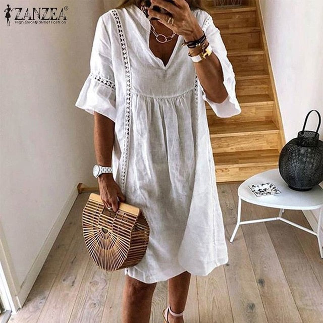 ZANZEA 2021  Summer Lace Dress Women's Sundress Fashion Flare Sleeve Short Vestido Female Bohemian V Neck Party Shirt Robe Femme