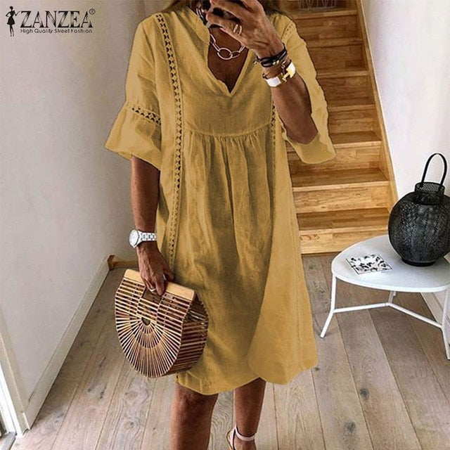 ZANZEA 2021  Summer Lace Dress Women's Sundress Fashion Flare Sleeve Short Vestido Female Bohemian V Neck Party Shirt Robe Femme