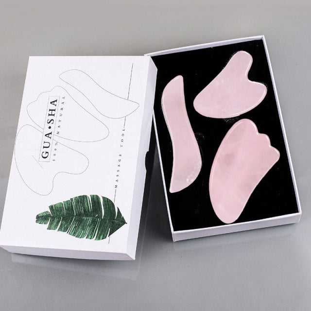 Rose Quartz Gouache Scraper Gua Sha Massage For Face Natural Gouache Stone GuaSha Massage Tools Body Facial Jade Massager Set
