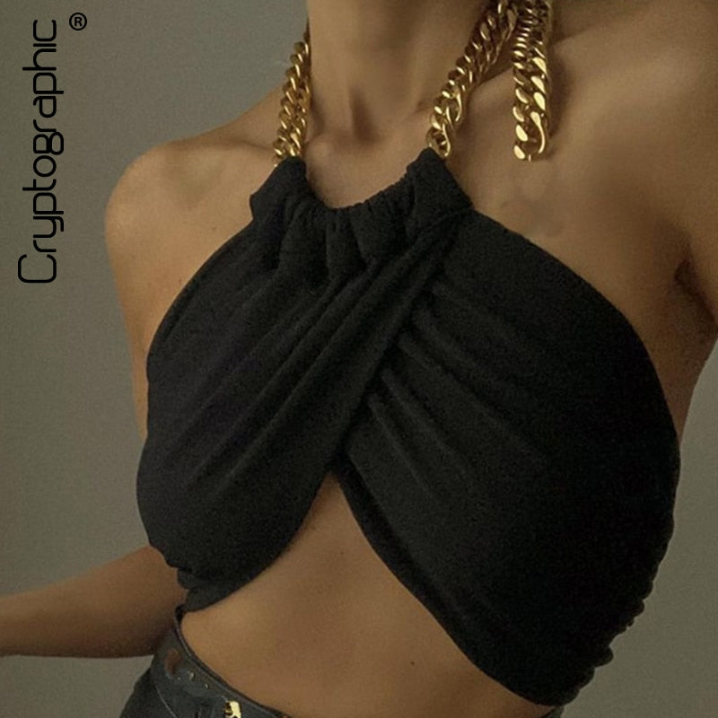 Cryptographic Summer Fashion Chic Halter Chain Crop Tops for Women Backless Cropped Feminino Black Wrap Top 2021 Streetwear
