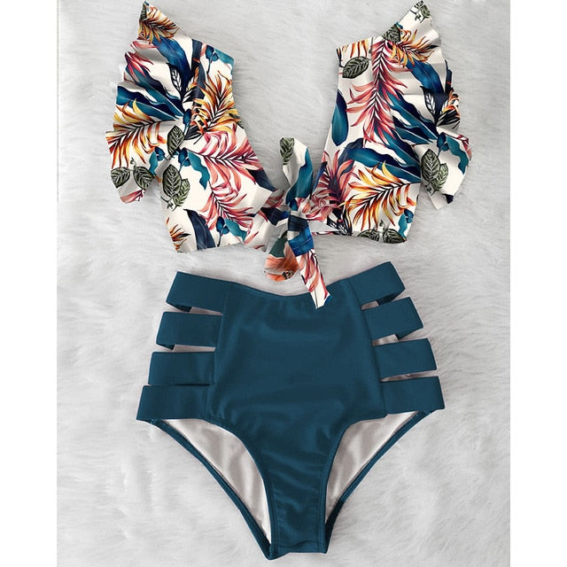 High Waist Bikini 2021 Ruffle Swimwear Women Print Sexy Swimsuit Push Up Bikinis Plus Size Bathing Suits Floral Beach Wear