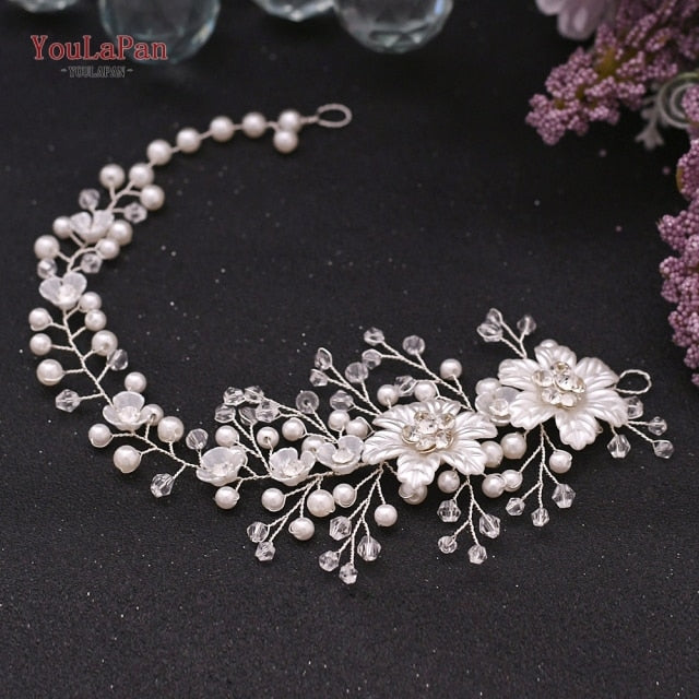 YouLaPan HP295 Flower Headwear Wedding Headband for Bride Crystal Pearls Women Tiara Bridal Headpieces Hair Jewelry Accessories