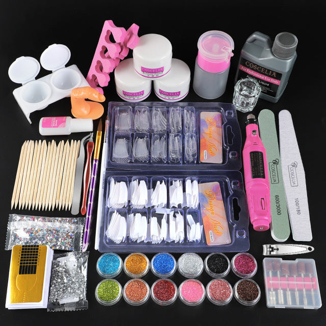 COSCELIA US Warehouse Acrylic Powder Set Nail Tips All For Manicure Tools Brush Nail Kit Professional Set For Nails