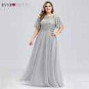 Plus Size Evening Dresses Long Ever Pretty Elegant A Line O Neck Sequin Tulle Formal Party Gown For Wedding Вечерние Платья 2021