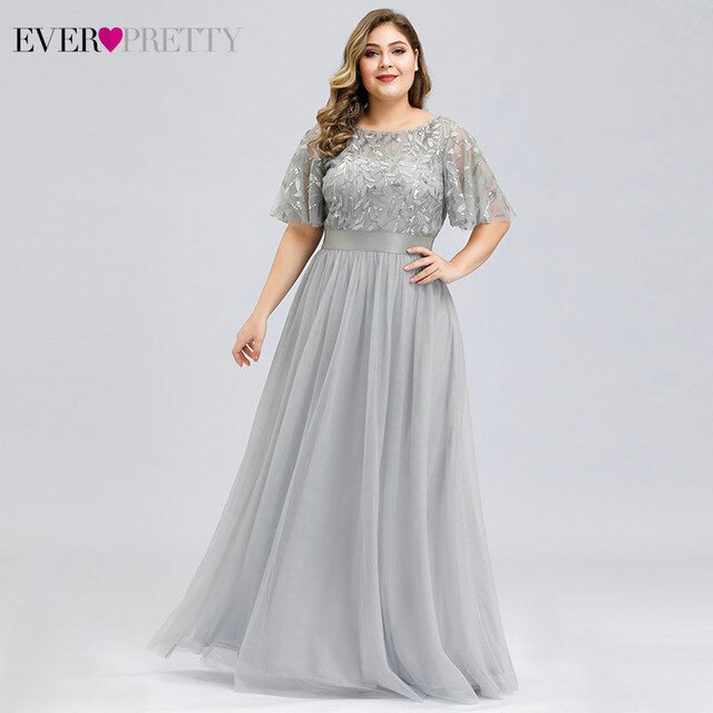 Plus Size Evening Dresses Long Ever Pretty Elegant A Line O Neck Sequin Tulle Formal Party Gown For Wedding Вечерние Платья 2021
