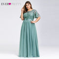Plus Size Evening Dresses Long Ever Pretty Elegant A Line O Neck Sequin Tulle Formal Party Gown For Wedding Вечерние Платья 2021