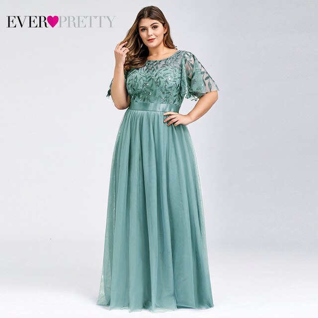 Plus Size Evening Dresses Long Ever Pretty Elegant A Line O Neck Sequin Tulle Formal Party Gown For Wedding Вечерние Платья 2021