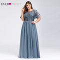 Plus Size Evening Dresses Long Ever Pretty Elegant A Line O Neck Sequin Tulle Formal Party Gown For Wedding Вечерние Платья 2021
