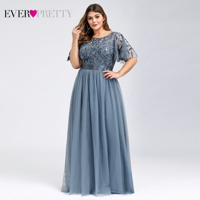 Plus Size Evening Dresses Long Ever Pretty Elegant A Line O Neck Sequin Tulle Formal Party Gown For Wedding Вечерние Платья 2021