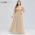 Plus Size Evening Dresses Long Ever Pretty Elegant A Line O Neck Sequin Tulle Formal Party Gown For Wedding Вечерние Платья 2021
