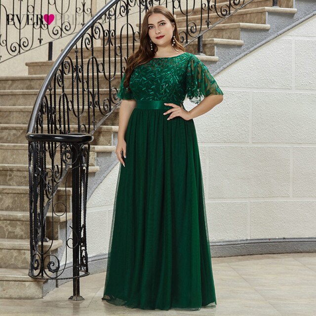 Plus Size Evening Dresses Long Ever Pretty Elegant A Line O Neck Sequin Tulle Formal Party Gown For Wedding Вечерние Платья 2021