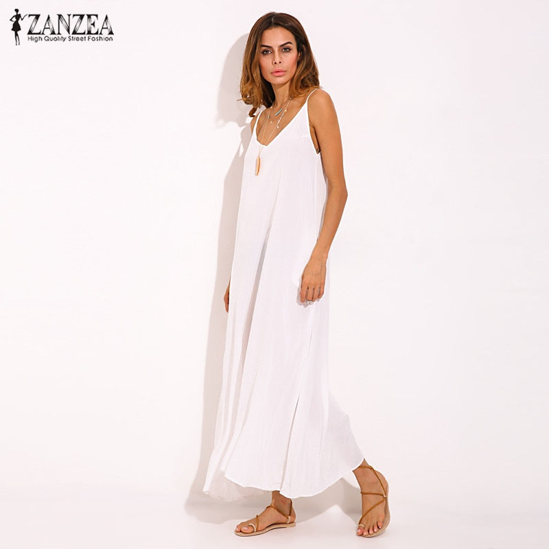 Vestidos 2021 Summer ZANZEA Women  Strapless Sexy V Neck Sleeveless Dress Casual Loose Long Maxi Solid Dress White Oversized
