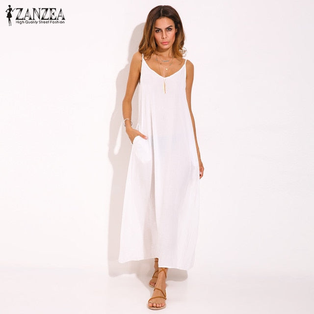 Vestidos 2021 Summer ZANZEA Women  Strapless Sexy V Neck Sleeveless Dress Casual Loose Long Maxi Solid Dress White Oversized
