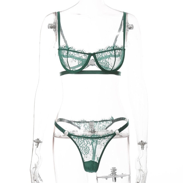 Yimunancy 2-Piece Lace Bra Set 14 Colors Women Floral Transparent Bra Underwire + Panty Lingerie Set Fashion Sexy Underwear