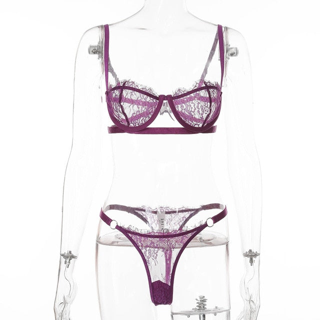 Yimunancy 2-Piece Lace Bra Set 14 Colors Women Floral Transparent Bra Underwire + Panty Lingerie Set Fashion Sexy Underwear